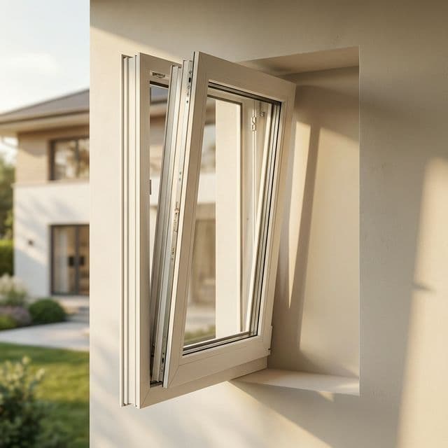 Prémium műanyag ablak bukó-nyíló pozícióban, modern otthonba beépítve