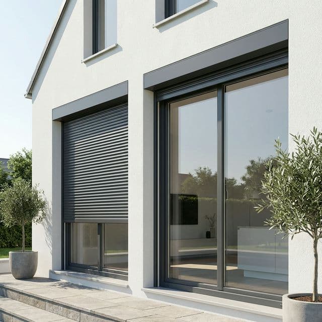 Modern külső tokos alumínium redőny fehér homlokzaton, félig leengedve