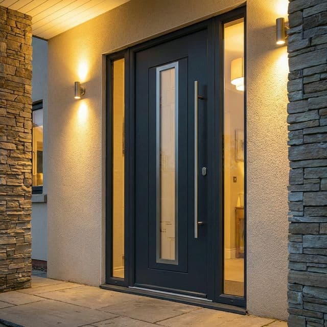 Modern antracitszürke bejárati ajtó üvegbetéttel és rozsdamentes kilinccsel